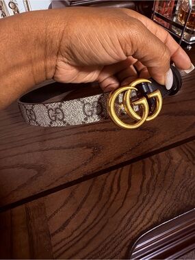 Gucci Gray Monogram Belt with Gold Double G Buckle